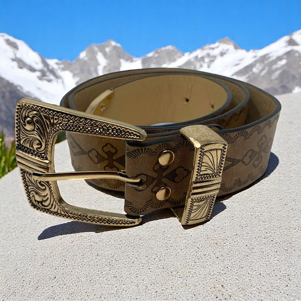 Vintage-Inspired Brown Leather Belt with Ornate Gold Buckle